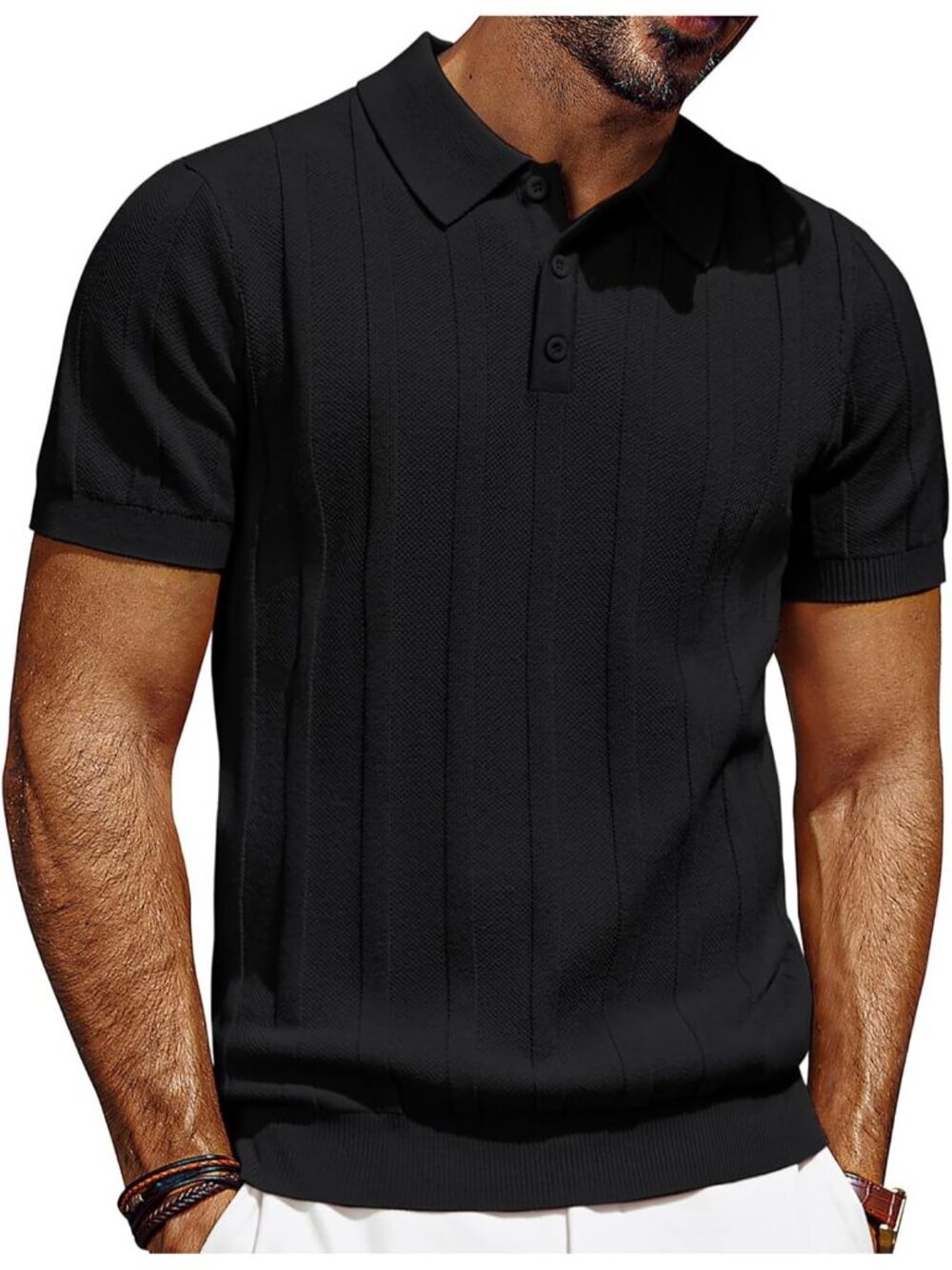 Men's Black Polo Short Sleeve Textured Knit Polo Ribbed Casual Golf Shirts